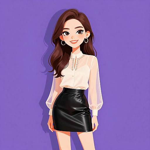 Digital anime-style drawing of a smiling young woman with long brown hair, wearing a white blouse and black leather skirt, against a solid purple background.
