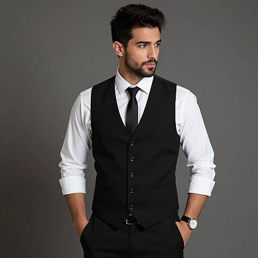 Photograph of a handsome, bearded man with dark hair, wearing a white shirt, black vest, and tie, standing against a gray background,