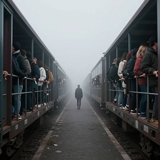 Photograph of a foggy railway platform with two long, parallel train carriages. Crowded with people in winter clothes, one solitary figure stands in