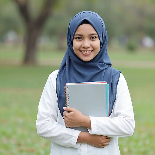 Photograph of a smiling young girl with dark skin, wearing a blue hijab and white long-sleeve shirt, holding a blue spiral notebook in