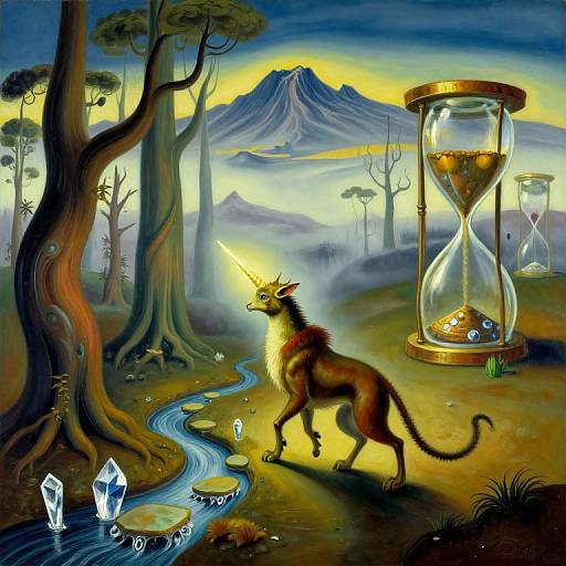 Fantasy digital painting: A unicorn-like creature with a glowing horn stands by a stream, surrounded by trees, hourglasses, and mystical crystals,