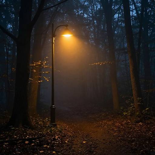Photograph of a misty forest at night, illuminated by a single, glowing orange streetlamp on a dark, leaf-covered path.