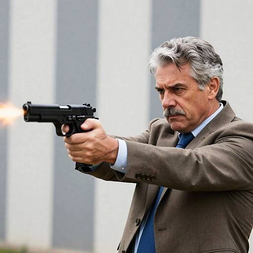 Intense Man Firing Handgun in Striped Background