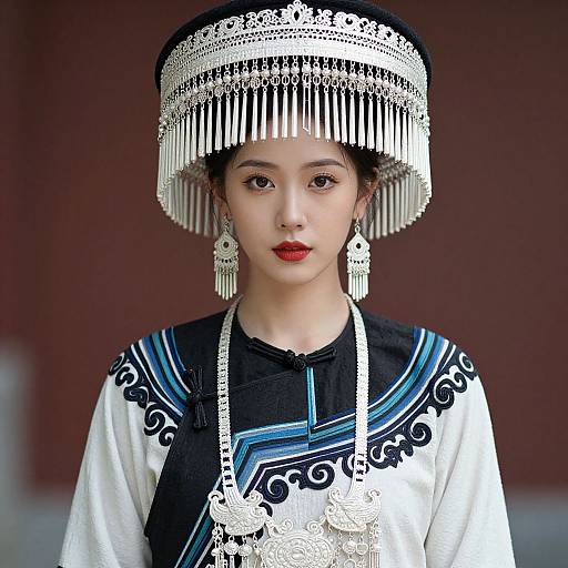 Photograph of an East Asian woman with fair skin, red lips, wearing a traditional black and white embroidered top, intricate white headpiece with fringe,