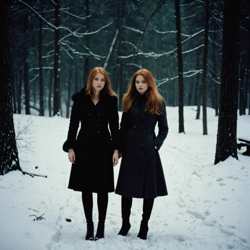 Two Women Standing in Snowy Forest