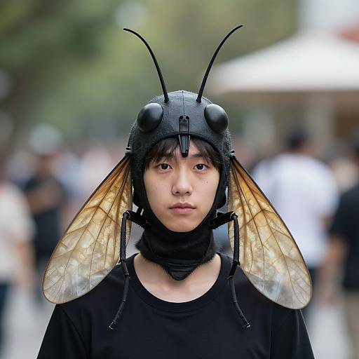 Photograph of an East Asian person with insect costume: black helmet with antennae, transparent wings, and black shirt, standing outdoors in a blurred,
