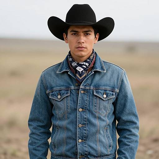 Photograph of a young man with olive skin, wearing a black cowboy hat, blue denim jacket, and patterned bandana, standing in a blurred