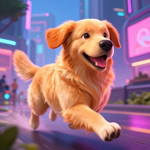 Digital illustration of a joyful, golden retriever puppy running in a vibrant, neon-lit city street at night, with blurred colorful lights and futuristic buildings