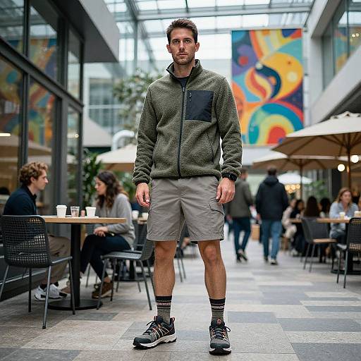 Photograph of a young man with short brown hair, wearing a green jacket, gray shorts, black socks, and sneakers, standing in a modern,