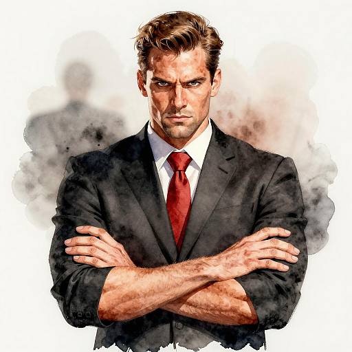 Confident Man in Black Suit with Red Tie