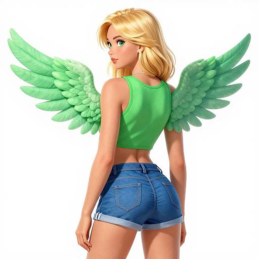 Digital art of a blonde woman with green wings, green crop top, and blue denim shorts, looking over her shoulder.