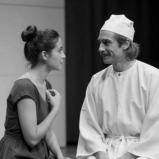 Black and White Portrait of Two People Engaged in Conversation