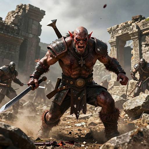 Digital art: Muscular, bald, red-skinned demon warrior with horns, sword, and armor, roaring in ruins, surrounded by dust and fallen