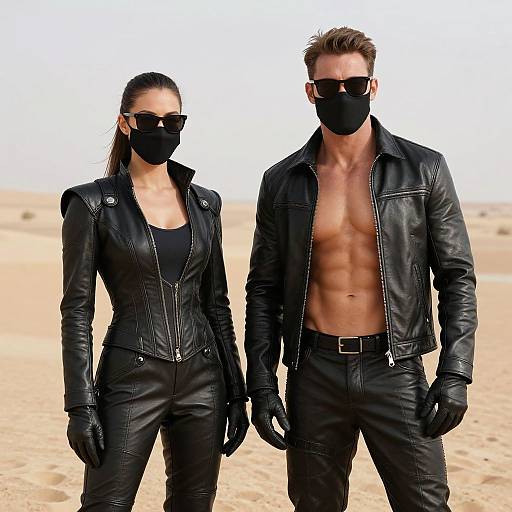 Photograph of a muscular, shirtless man and a slim woman, both wearing black leather jackets, gloves, and masks, standing in a desert.
