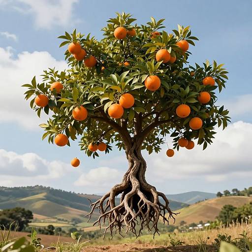 Photograph of a vibrant orange tree with bright orange fruit, visible roots, set against a clear blue sky and rolling hills.