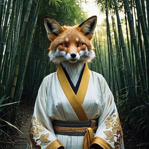 Elegant Fox Spirit in Silk Robe in Bamboo Grove