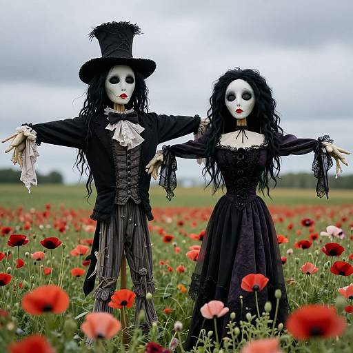 Photograph of two white-faced, black-dressed scarecrow figures with long black hair, standing in a red poppy field, arms outstretched