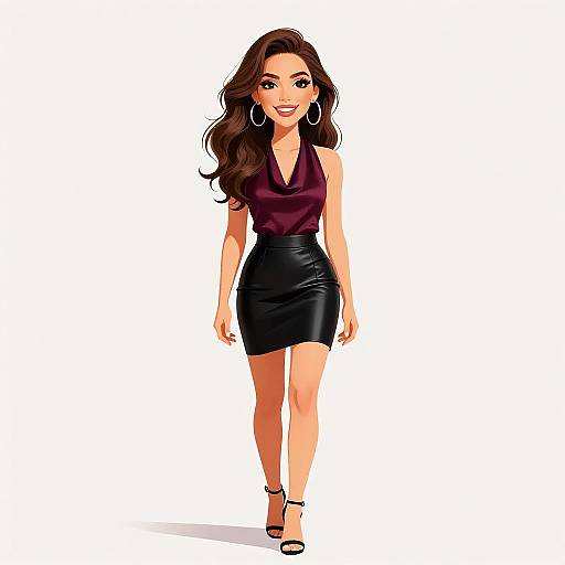 Digital illustration of a smiling woman with long brown hair, wearing a purple sleeveless top, black leather skirt, hoop earrings, and black heels, walking