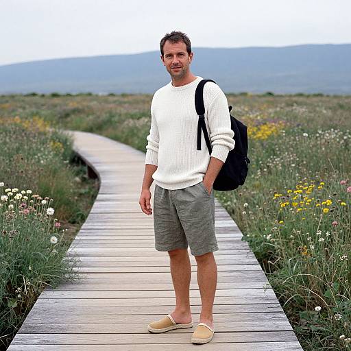 Photograph of a bearded man with short dark hair, wearing a white sweater, gray shorts, beige slip-ons, black backpack, standing on a