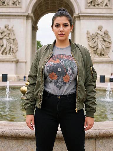 Photograph of a young woman with dark hair in a bun, wearing a green bomber jacket, gray graphic tee, and black pants, standing in front