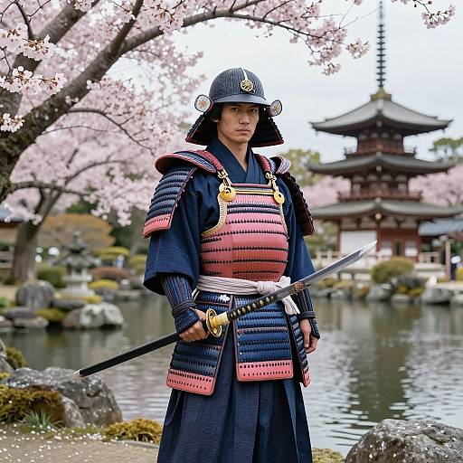 Photograph of a Japanese samurai in traditional armor standing by a cherry blossom-filled pond, holding a sword, with a traditional temple in the background.