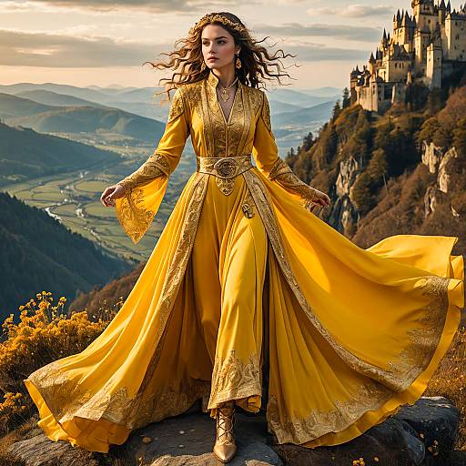 Woman in Golden Yellow Medieval Fantasy Robe on Mountaintop