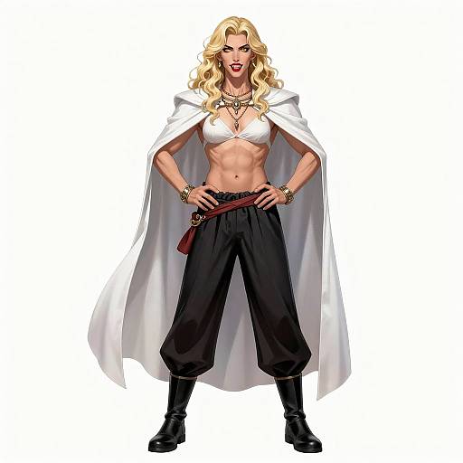 Digital comic-style illustration of a confident, blonde, muscular woman with wavy hair, wearing a white crop top, black pants, red sash,