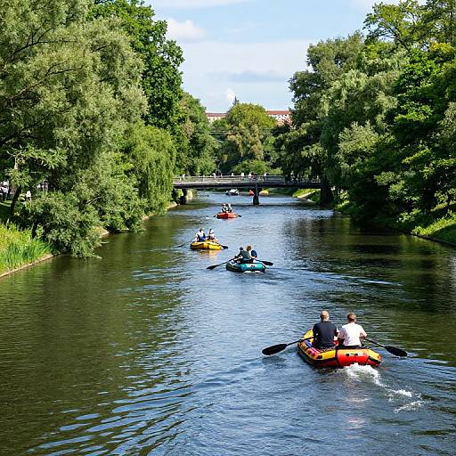 Photograph of a sunny day on a lush, tree-lined river, with several people kayaking in colorful inflatable kayaks, paddling upstream.