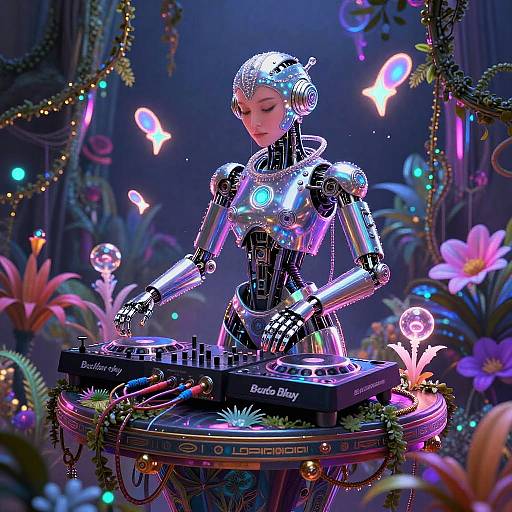 Retro-Futuristic DJ Android in Neon Jungle