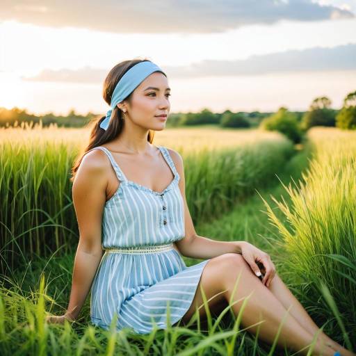Young Woman Sitting in Green Field at Sunset