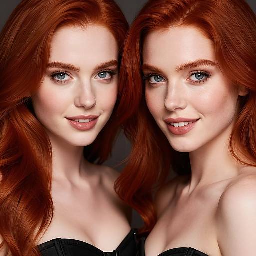 Photorealistic digital portrait of two identical, fair-skinned, red-haired women with blue eyes, smiling, wearing black strapless tops, against a