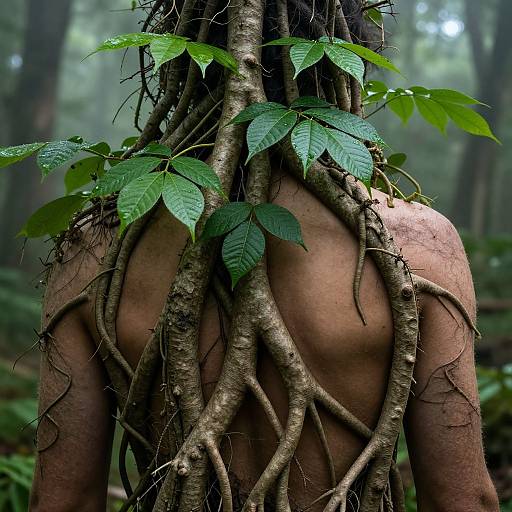 Photograph of a shirtless person with dark skin, back facing, surrounded by vines and green leaves, in a dense forest.