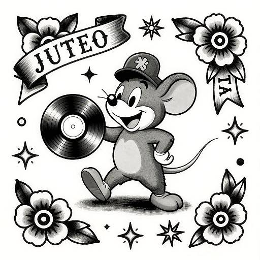Black-and-white digital drawing of a cartoon mouse in a hat, holding a record, surrounded by flowers and stars, with 