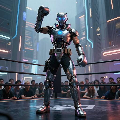 CGI image of a metallic robot with glowing blue eyes and chest, flexing in a futuristic boxing ring, surrounded by a crowd in a neon-l