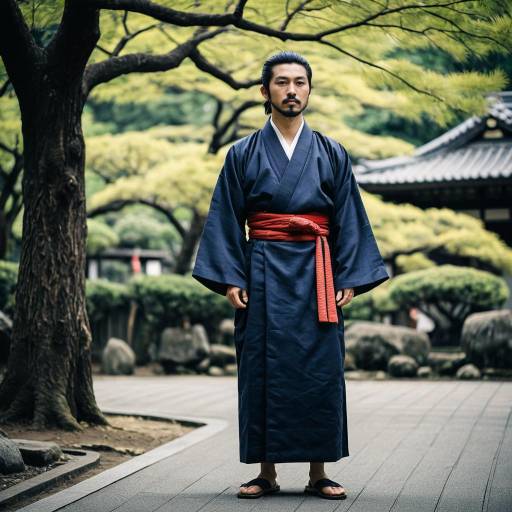 Man in Traditional Japanese Kimono with Red Obi
