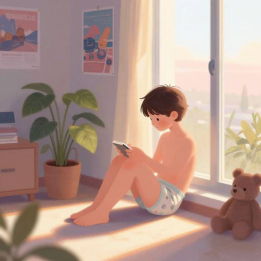 Digital illustration of a young boy with short brown hair, shirtless, wearing white polka-dot shorts, sitting by a sunlit window, holding a