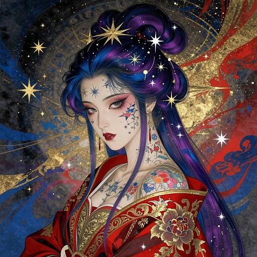 Digital art of a star-adorned, purple-haired Asian woman with red lips and intricate tattoos, wearing a red and gold robe, against a cosmic
