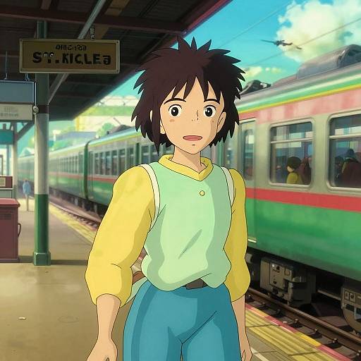 Anime-style digital drawing of a surprised teenage boy with spiky black hair, yellow shirt, and blue pants, standing on a train platform. Background shows