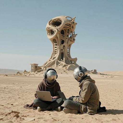 Photograph of two people in helmets and desert gear, sitting on sandy ground, working on a laptop in front of a futuristic, organic-shaped structure in