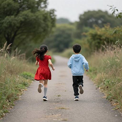 Children Running on an Asphalt Path