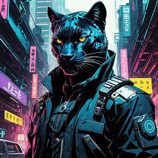 Cybernetic Panther in Vibrant Cyberpunk City