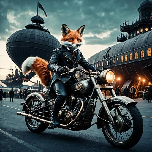 Steampunk Fox Riding Gothic Motorcycle at Airship Port Steampunk Fox Riding Gothic Motorcycle at Airship Port
