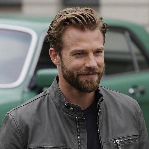 Man in Gray Leather Jacket by Green Car