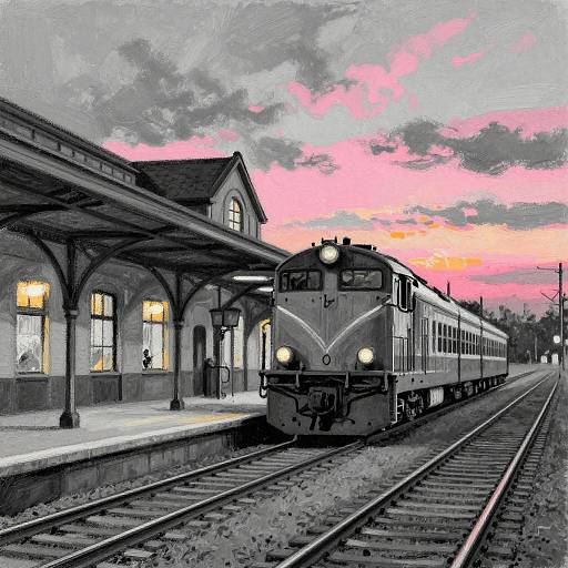 Digital artwork of a vintage train arriving at a deserted, sunset-lit station with pink and orange clouds, black-and-white color scheme.