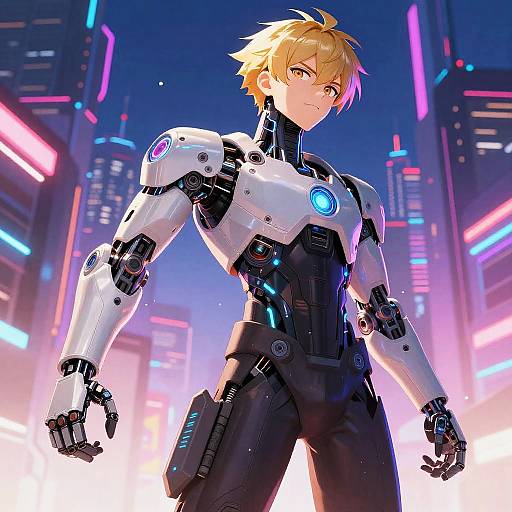 Digital anime-style artwork of a blond, blue-eyed, muscular man in a sleek, white and black futuristic armored suit, standing confidently in a neon-l