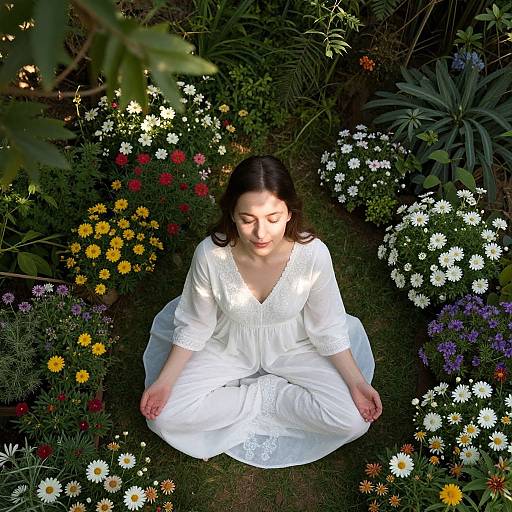 Photograph of a fair-skinned woman with dark hair, sitting cross-legged in a white dress, surrounded by colorful flowers in a lush garden.