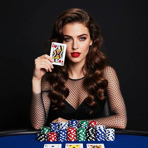 Photograph of a sultry brunette woman with red lipstick, wearing a black fishnet top, holding a Jack card, surrounded by colorful poker chips on