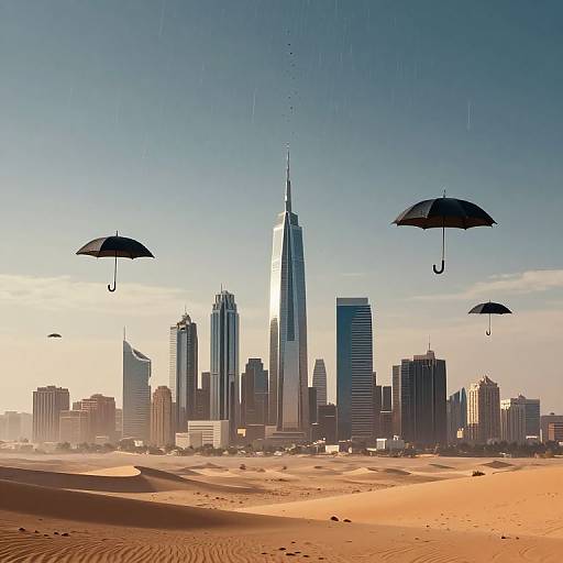 Photograph of a desert cityscape with black umbrellas hanging in the sky, towering skyscrapers including One World Trade Center, under a clear blue