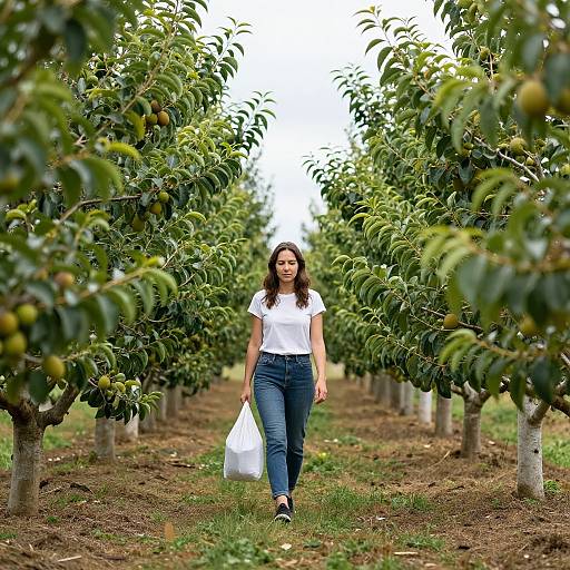 Woman in Serene Orchard with Bag