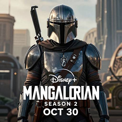 Photograph-style digital image of Mandalorian in glossy black armor with helmet and blaster, standing in urban cityscape; 